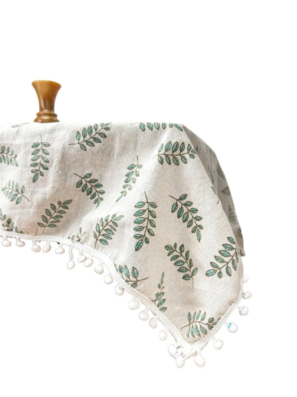Leaf Print Pom-Pom Trim Cream Green Tablecloth